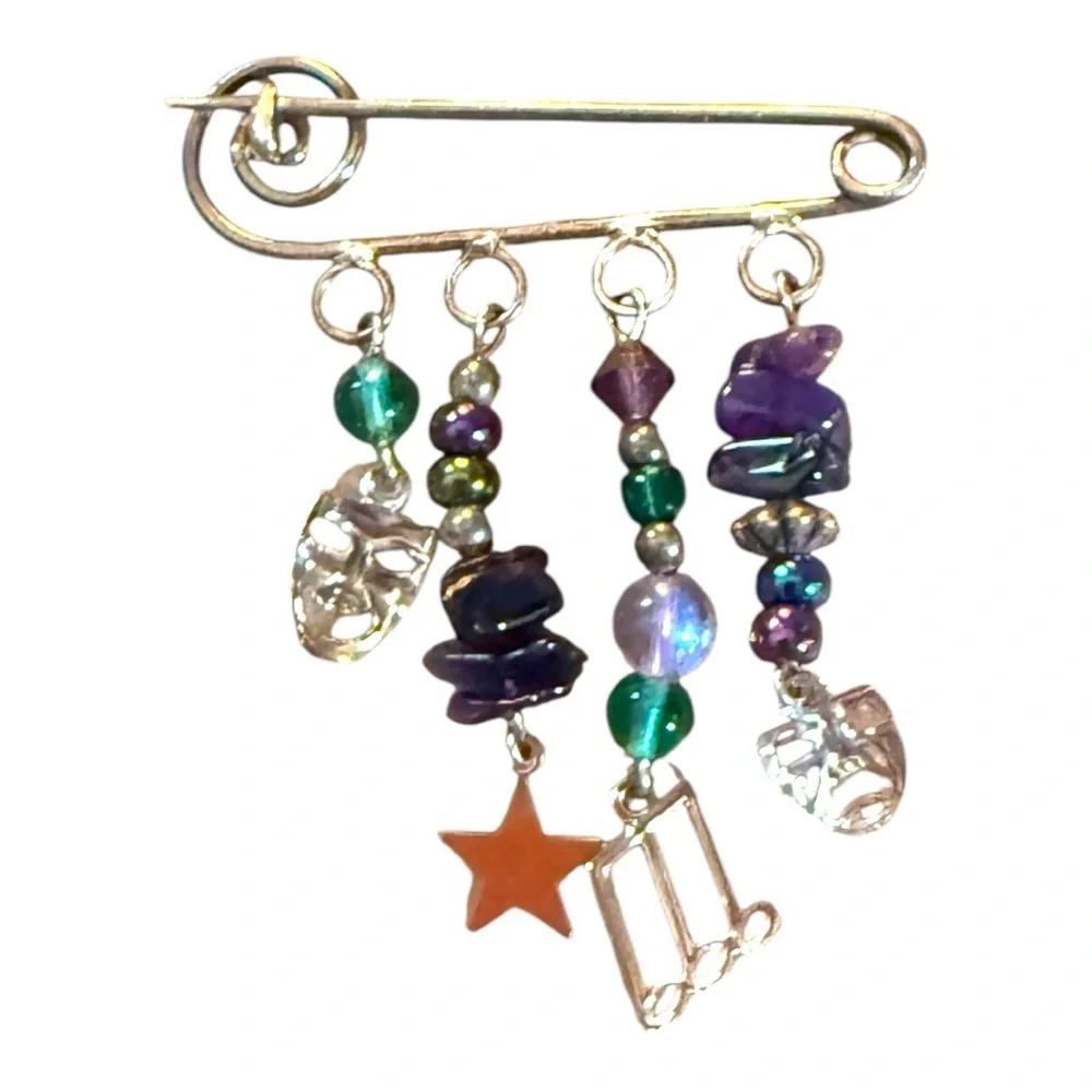 Music drama safety pin charm brooch multicolor beads Women’s jewelry
